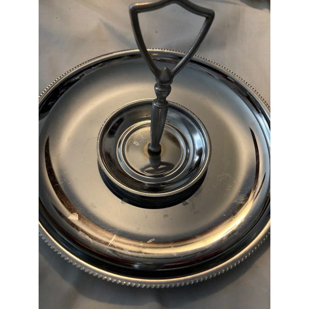 2-Tier Chrome Dessert Stand Beaded Rim Center Handle Silver Arrives Disassembled